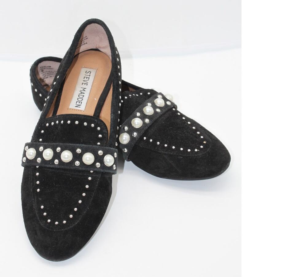 Steve Madden Black Suede Perlyn Studs & Pearls Embellished Slip On Loafers Shoes